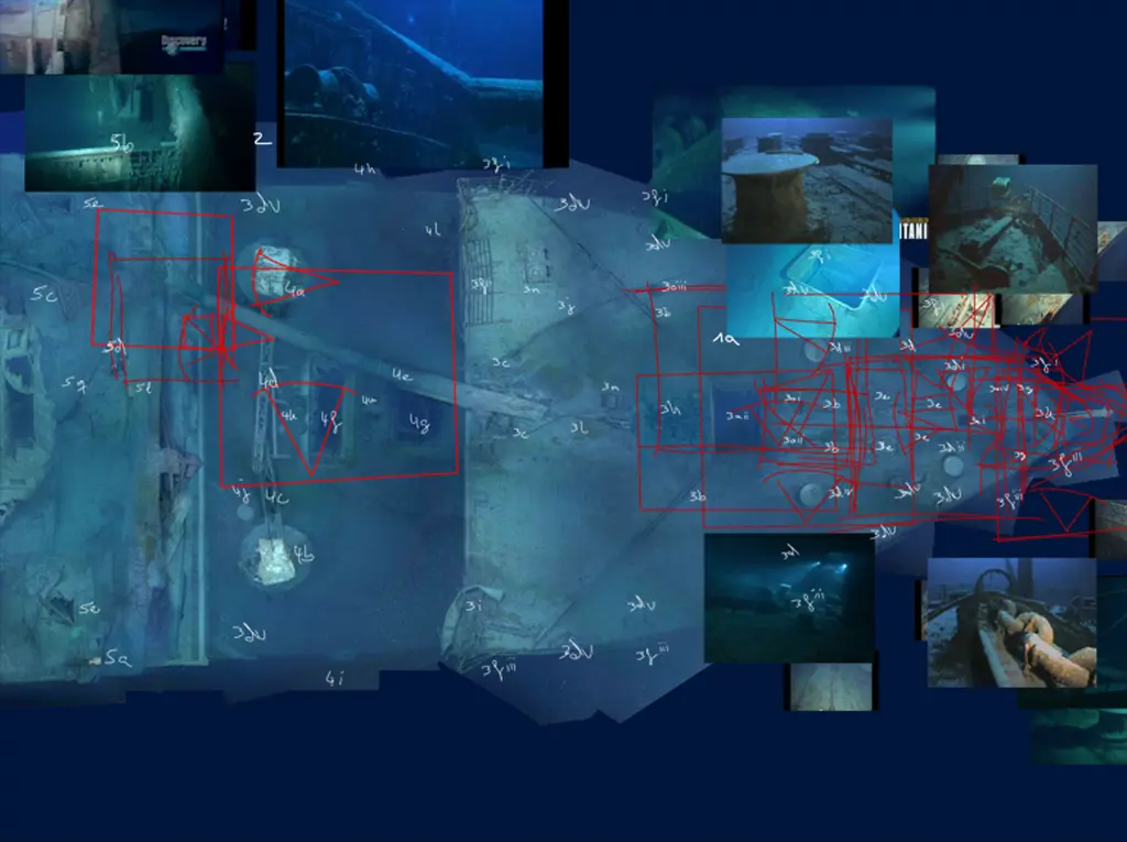 Abgleich mit früheren Expeditionen Mosaikbild Aufsicht Titanic